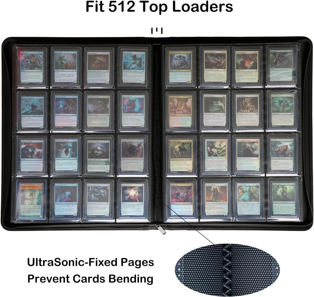 16-Pocket Top loader Binder, Holds 512 Top loaders 16 Pocket Top Loader Card Storage Case, 500 + Ringless Double-Sided Pockets for Cards in 3 x 4'' Top loaders