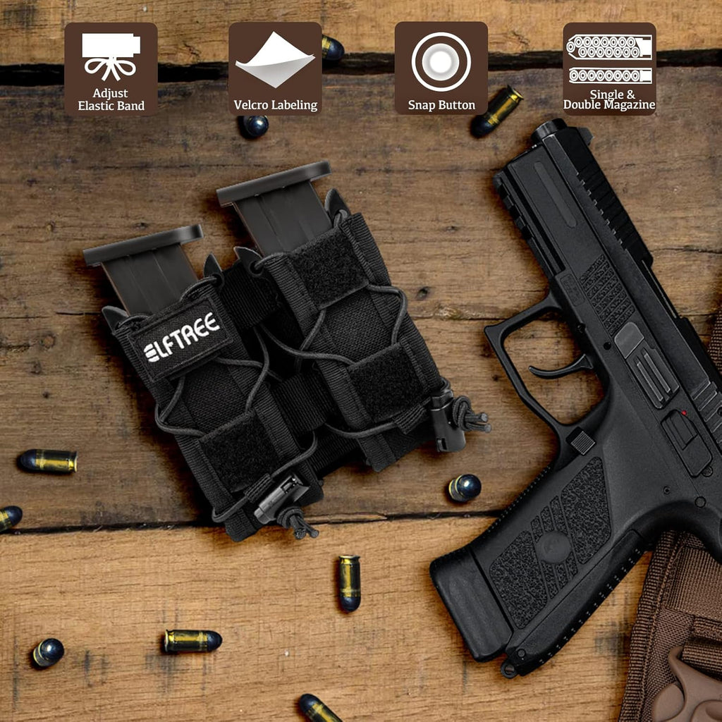 Pistol Double Magazine Holster, Universal 9MM Single/Dual Stack Gun Mag Pouch, Open-Top Handgun Ammo Holder with Rapid Response and Compatible MOLLE
