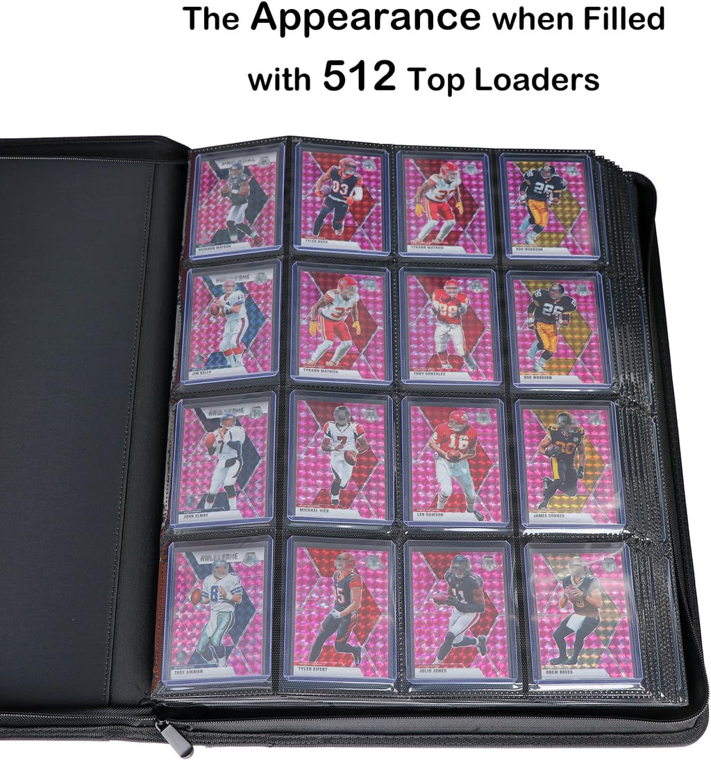 16-Pocket Top loader Binder, Holds 512 Top loaders 16 Pocket Top Loader Card Storage Case, 500 + Ringless Double-Sided Pockets for Cards in 3 x 4'' Top loaders